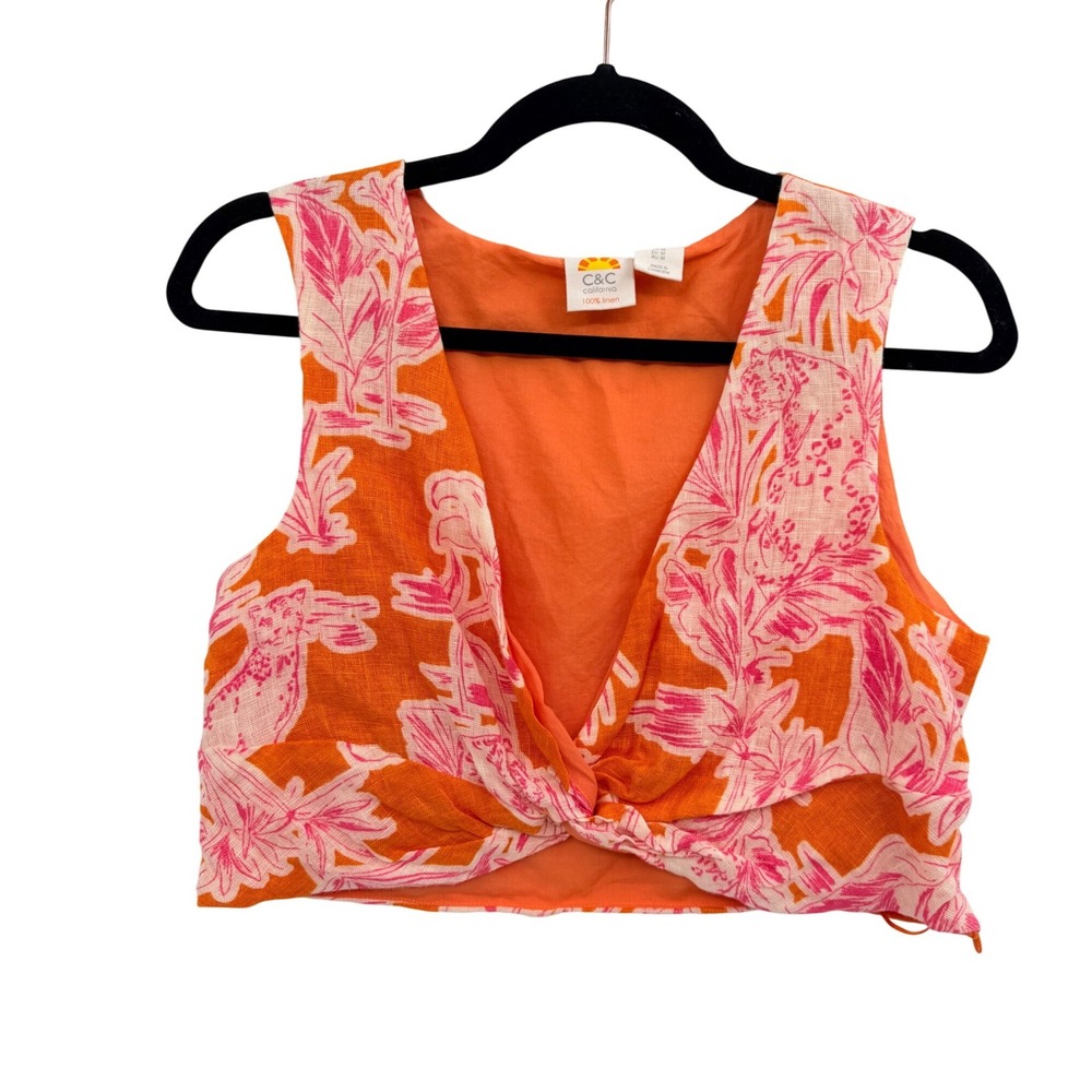 C&C California Linen Crop Top Medium‎ Deep V Orange White Paisley Festival Boho
